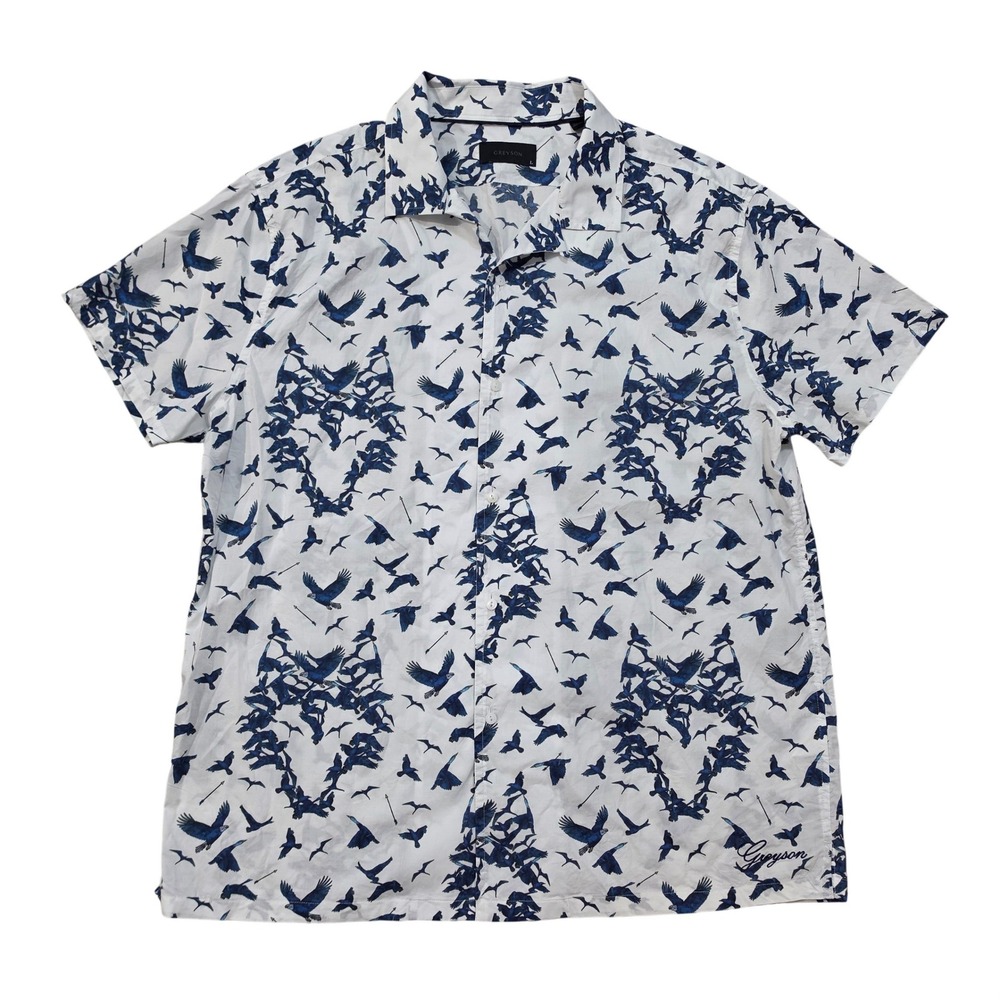 Greyson Mens Large White Blue Bird Arrow Print Cotton Short Sleeve Button Shirt